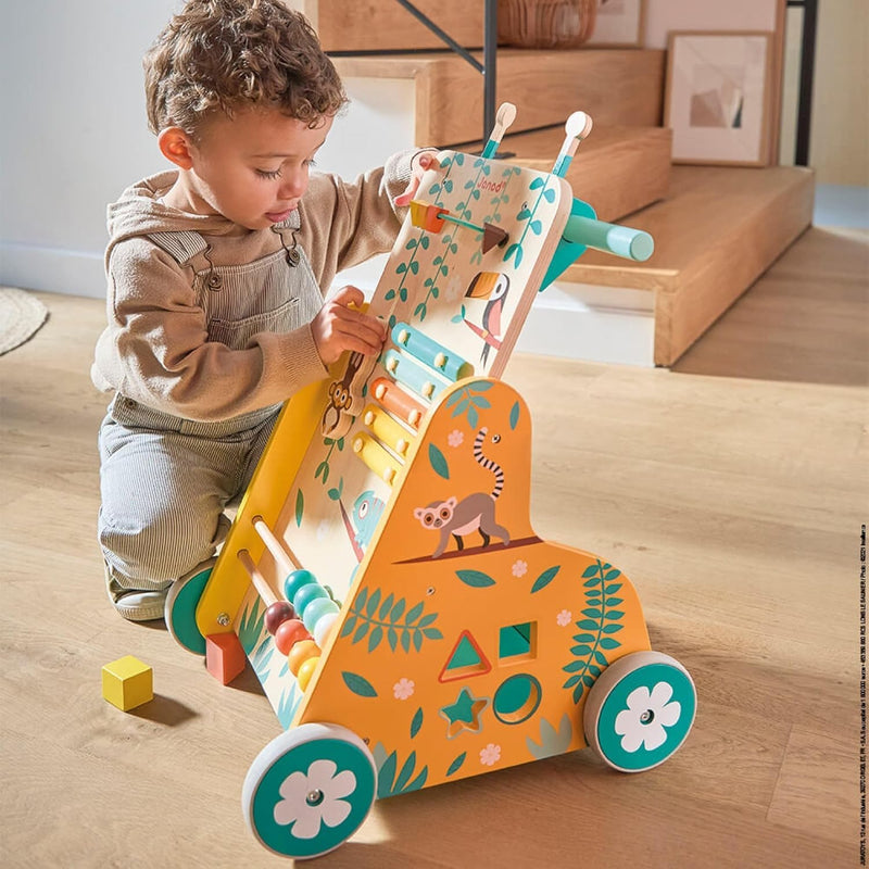 Janod - Multi-Aktivitätswagen Tropik - Laufwagen aus Holz - Lernspielzeug mit 6 Aktivitäten - Leise