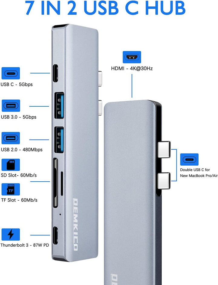 7 in 2 USB C Hub für MacBook Pro/Air, Dock mit 4K HDMI, USB 3.0 & 2.0, SD/TF Kartenleser, Thunderbol