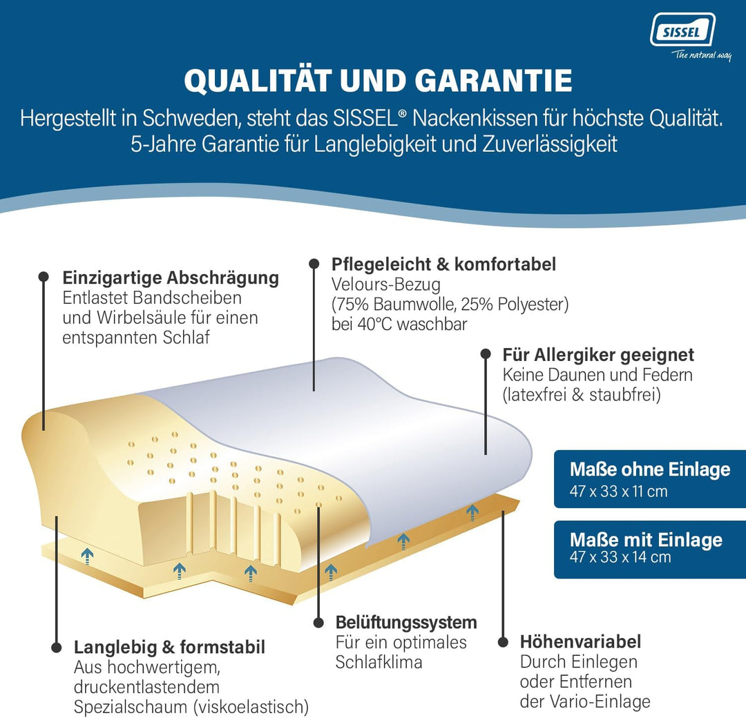 SISSEL Unisex-Erwachsene Classic Plus Orthopädisches Nackenkissen Inkl. Veloursbezug, Höhenverstellb