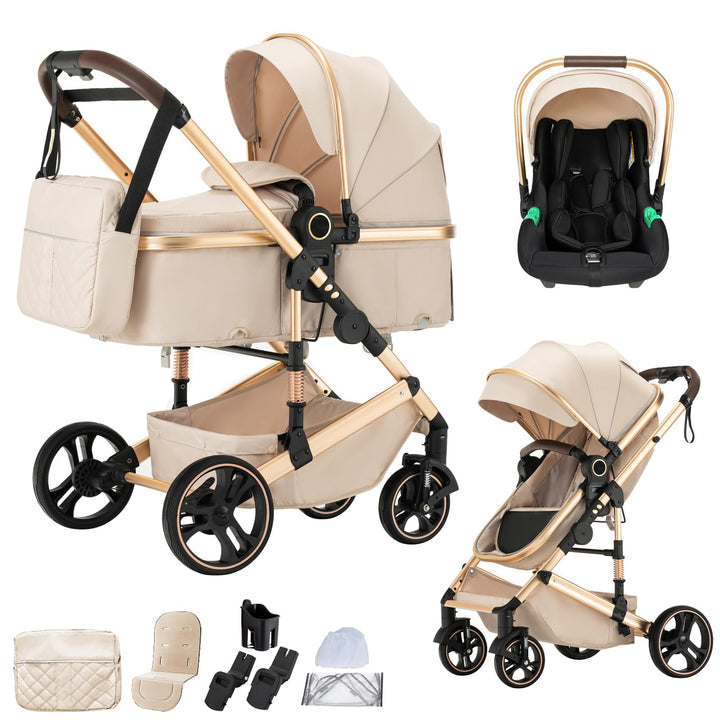 BEBBY Kinderwagen 3 in 1,Kinderwagen Buggy Mit Babyschale,Mit Höhenverstellbarer buggy Komplettset F