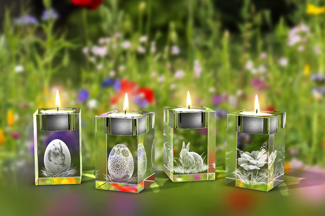 GLASFOTO.COM, Ostern 4er Teelichthalterset, 50 x 80 x 50 mm, Kristallglas 3D Innengravur in Premiumq