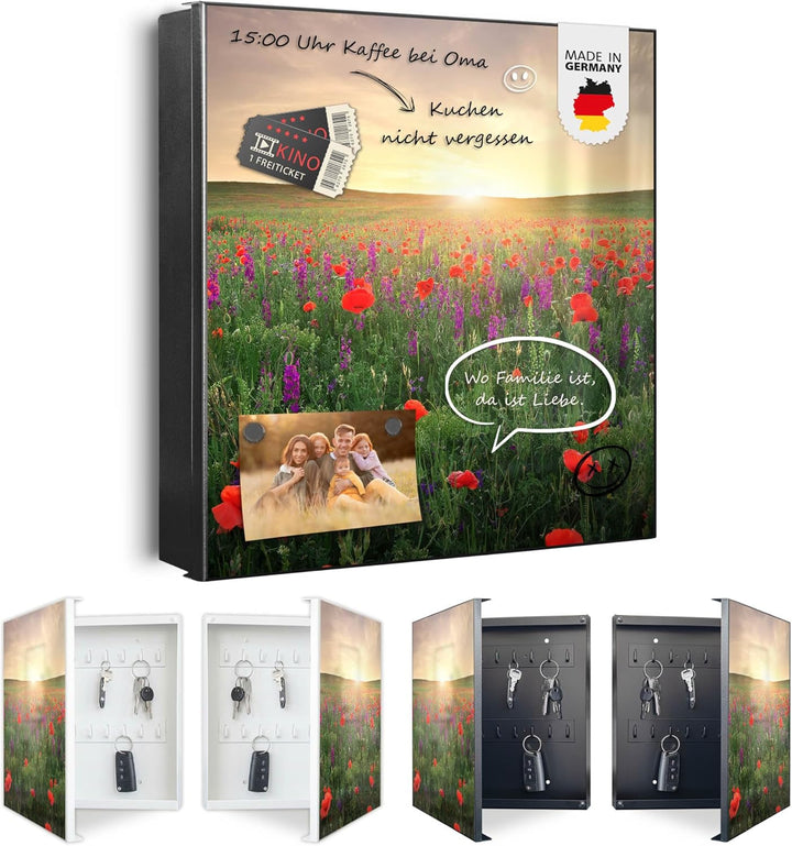 banjado® Grosser Schlüsselkasten Glas/Schlüsselbox 30cm x 30cm mit 50 Haken - Motiv Sommerfeld/Schlü