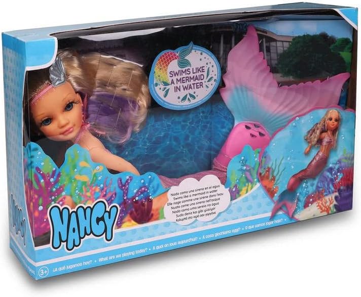 Nancy - Puppe mit beweglichem Meerjungfrauenschwanz, Haar mit Dochten und Zubehör, Wasserspielzeug,