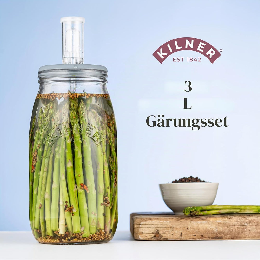 KILNER Fermentier Set, 3 Liter Glas mit Gärungsdeckel, einfaches Haltbarmachen von Gemüse, 1x Kilner