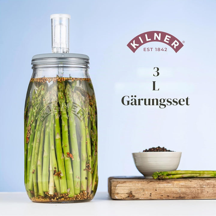 KILNER Fermentier Set, 3 Liter Glas mit Gärungsdeckel, einfaches Haltbarmachen von Gemüse, 1x Kilner