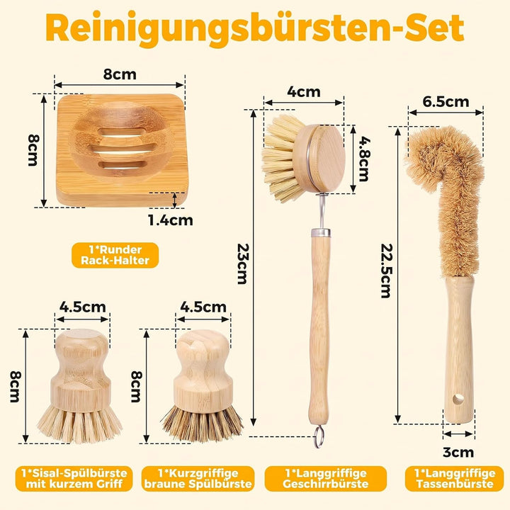Bambus Spülbürste 5-teilig mit Flaschenbürste lang für Geschirr
