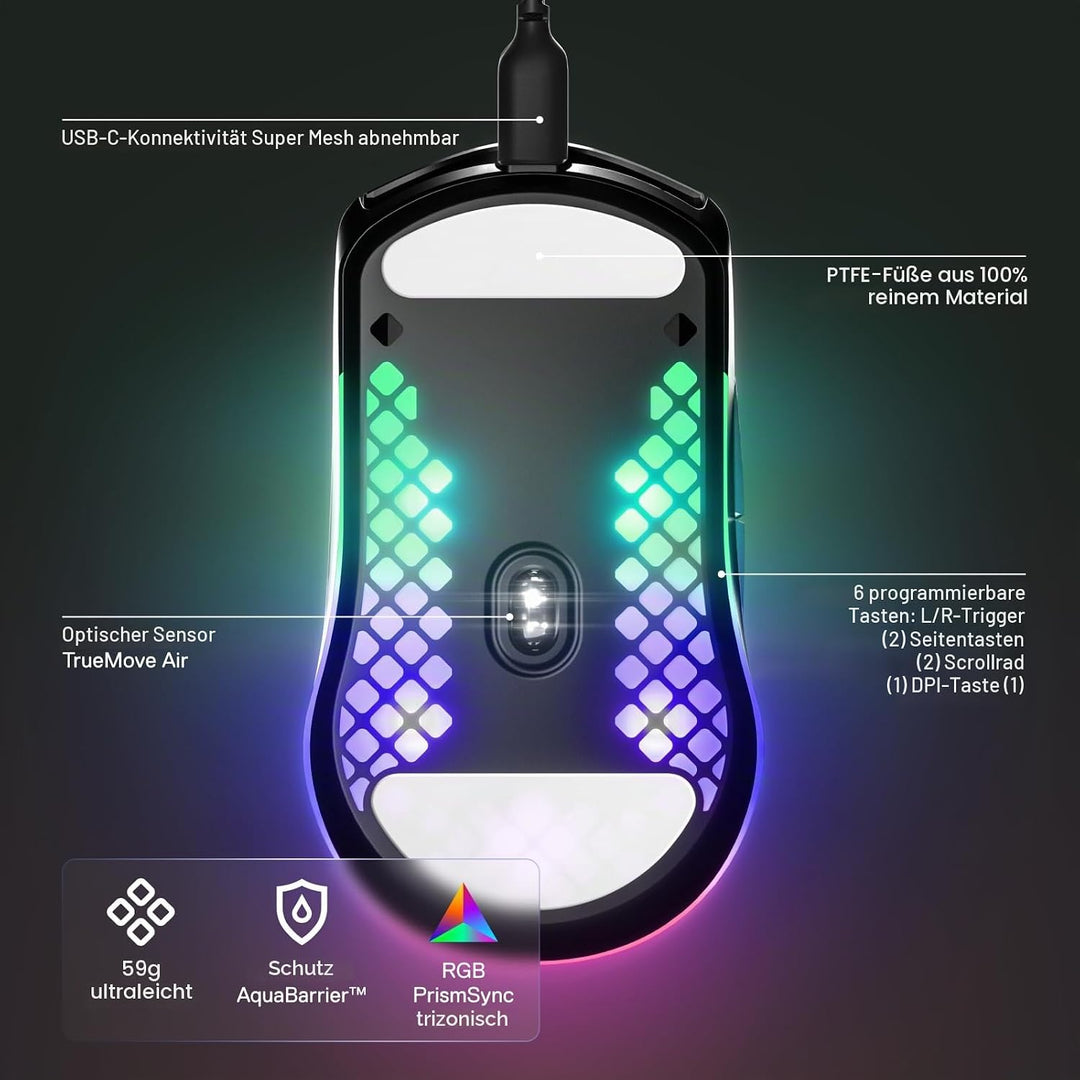 SteelSeries Aerox 3 Holey RGB-Gaming-Maus, ultraleichtes, wasserabweisendes Design, 8.500 DPI TrueMo