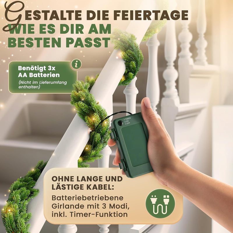 ArtiTree Weihnachtsgirlande - Naturgetreue Tannengirlande, 270cm Grün, LED-beleuchtet, Perfekt für W
