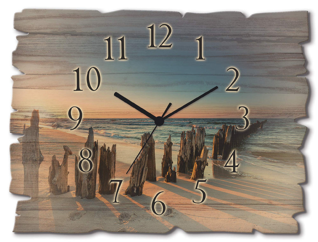 ARTLAND Wanduhr ohne Tickgeräusche aus Holz Funk Uhr lautlos 40x30 cm Rechteckig Strand Meer Ostsee
