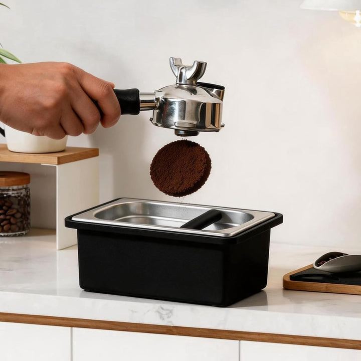 Espresso-Klopfbox, Abklopfbehälter aus Edelstahl, grosse Kaffeeklopfbox mit stossdämpfenden Gummi- u