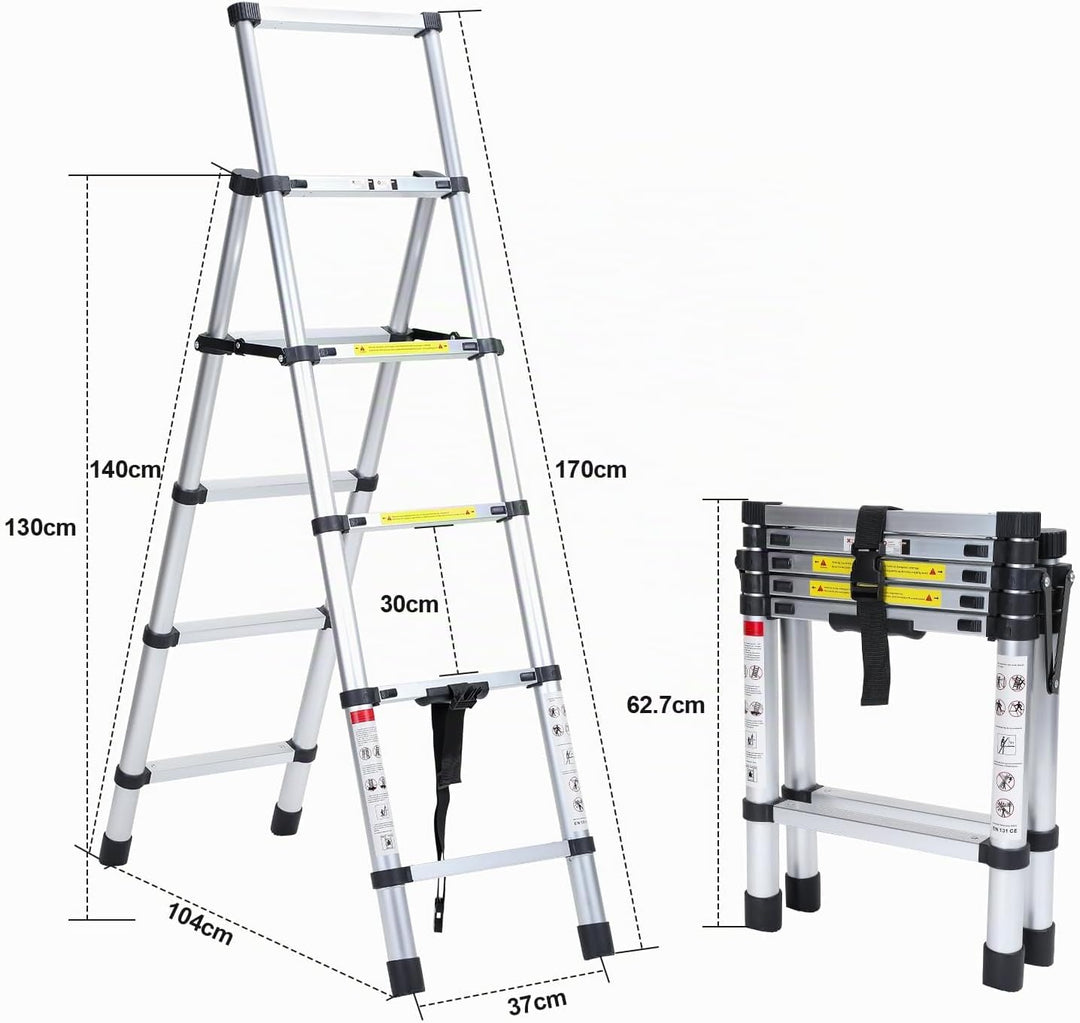 Fiqops 1,4m+1,7m Teleskopleiter aus Aluminium, 4+5 Stufen Klappleiter A-Rahmen Mehrzweckleiter Stehl