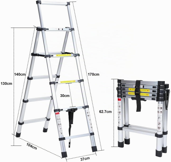 Fiqops 1,4m+1,7m Teleskopleiter aus Aluminium, 4+5 Stufen Klappleiter A-Rahmen Mehrzweckleiter Stehl