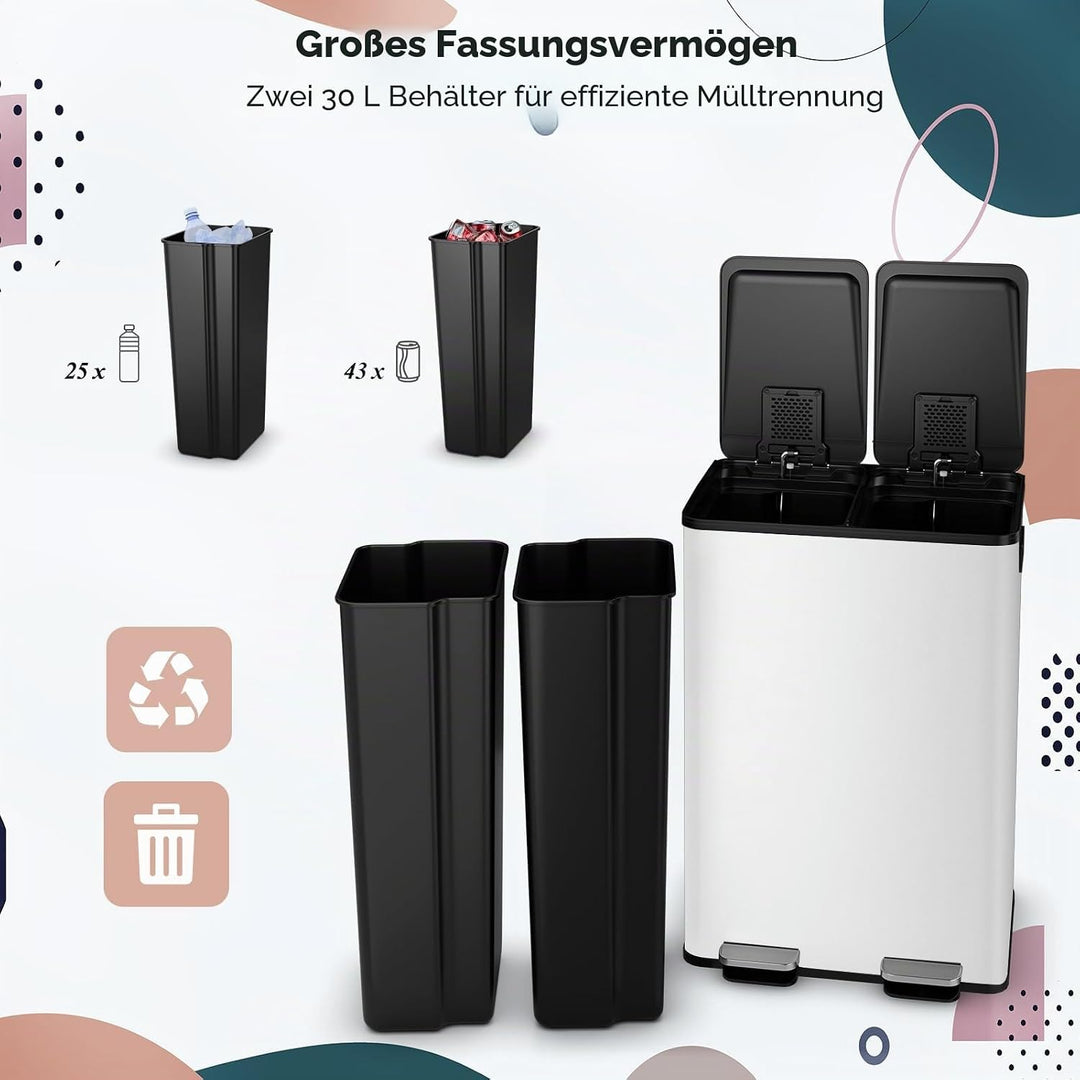 LIFEZEAL 60 L Mülleimer, Abfalleimer für Mülltrennung mit 2 Fächern, Müllsammler mit Deodorant, Deck