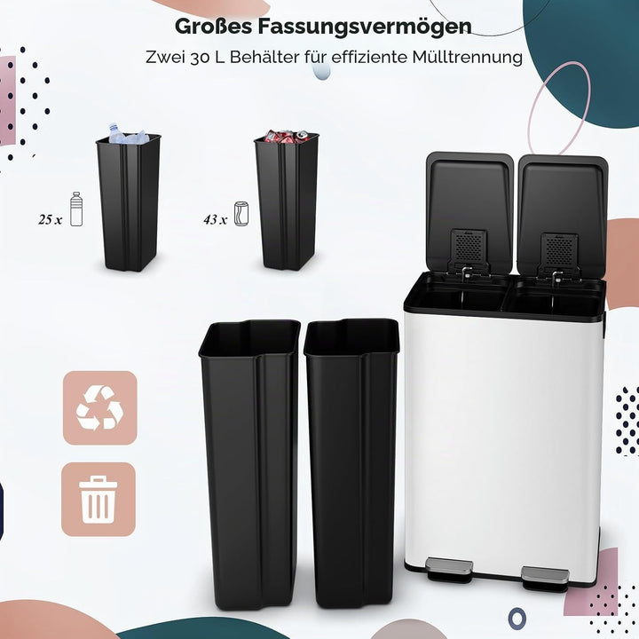 LIFEZEAL 60 L Mülleimer, Abfalleimer für Mülltrennung mit 2 Fächern, Müllsammler mit Deodorant, Deck