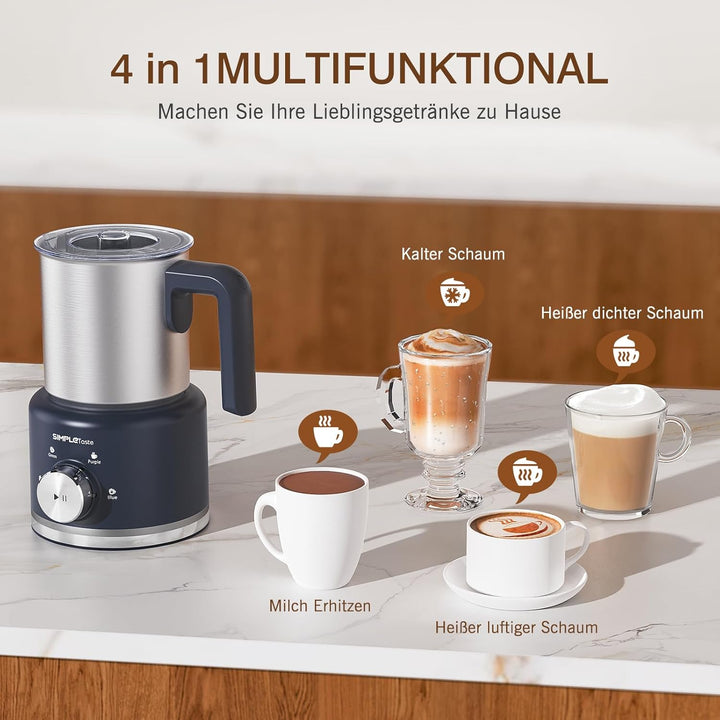 SIMPLETASTE Milchaufschäumer Elektrisch 4-in-1, 250-500 ML Heisser & kalter Milchschaum， 600 W Spülm