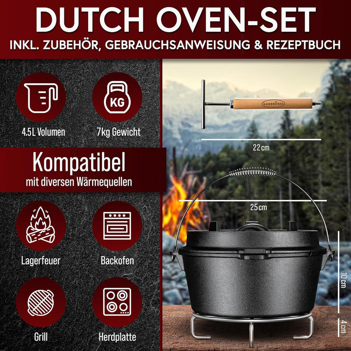 GUSSKÖNIG Dutch Oven Set 8-teilig - bereits eingebranntes Gusseisen Topf Set - Bratpfanne, Grill Top