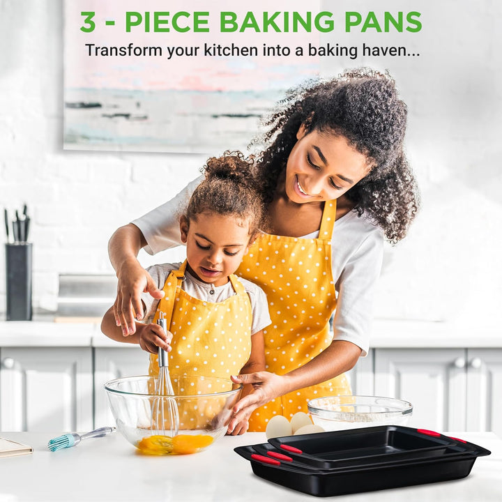 NutriChef 3-Piece Baking Pan Set - PFOA, PFOS, PTFE Free Flexible Nonstick Black Coating Carbon Stee