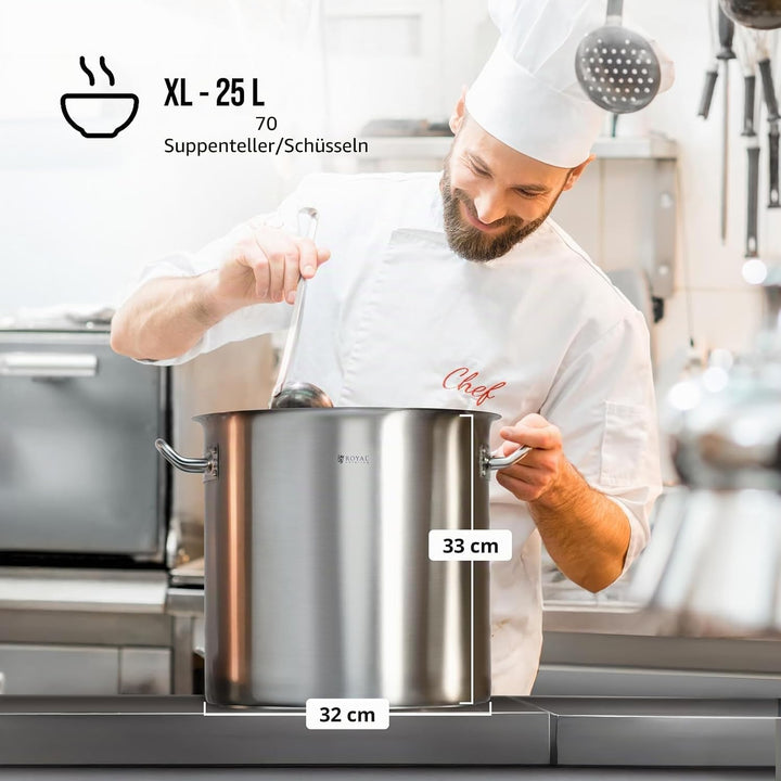 Royal Catering RCST-25E3 Edelstahltopf mit Deckel Edelstahlkochtopf Kochtopf Induktion (25 Liter, Bo