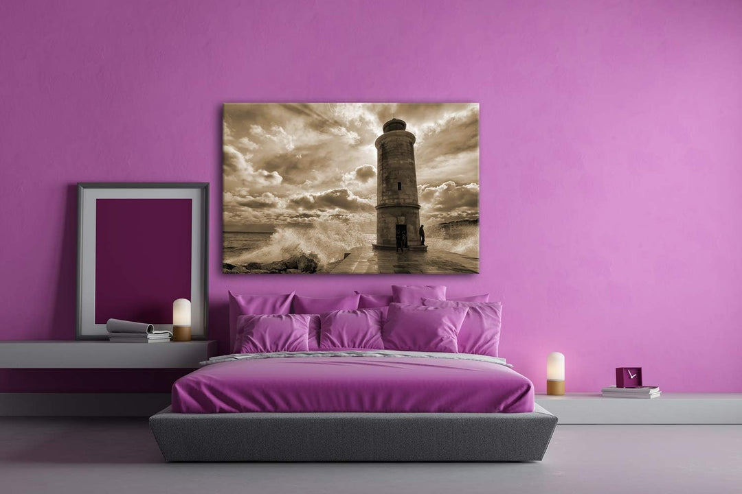 deyoli Leuchtturm in der Brandung Format: 100x70 Effekt: Sepia als Leinwand, Motiv fertig gerahmt au
