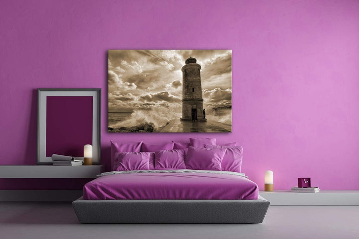 deyoli Leuchtturm in der Brandung Format: 100x70 Effekt: Sepia als Leinwand, Motiv fertig gerahmt au