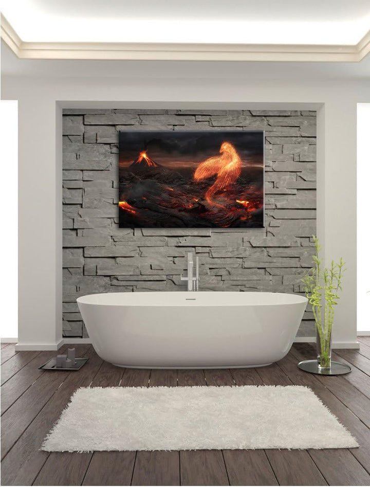 Pixxprint Brennender Phönix Vulkanlandschaft als Leinwandbild/Grösse: 100x70 cm/Wandbild/Kunstdruck/