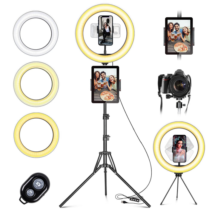 LED Ringlicht mit Stativ Handy, 10" Selfie Ringleuchte mit Fernbedienung und Doppel Handyhalter mit