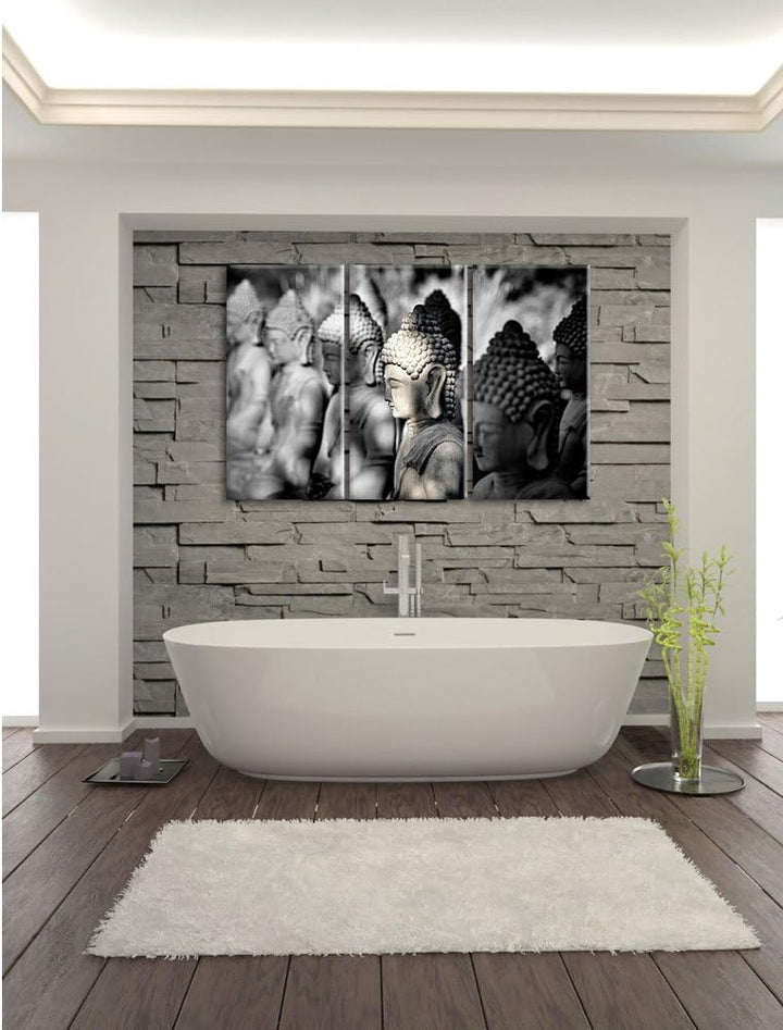 Pixxprint Meditierende Buddha-Statuen in Einer Reihe B&W Detail 3-Teiler Leinwandbild 120x80 Bild au
