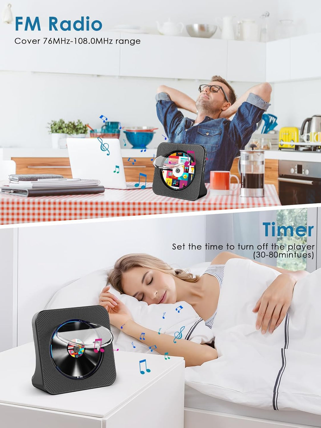 Gueray CD Players Bluetooth CD-Player mit Lautsprecher Unterstützt Fernbedienung Anzeige FM Radio mi