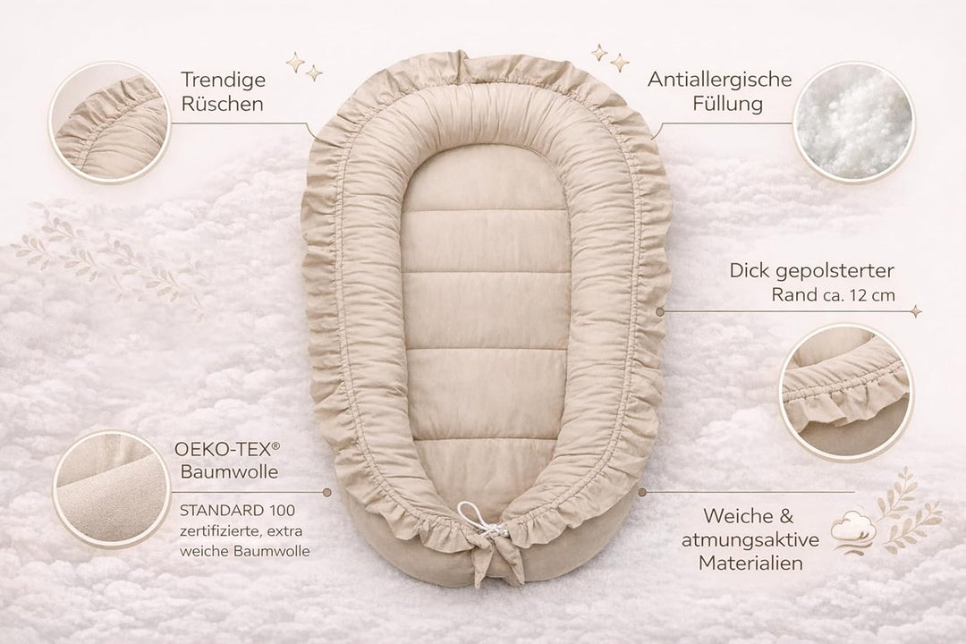PIMKO Babynest mit rüschen Babynestchen für Baby Kuschelnest Babykokon für Säuglinge und Neugeborene