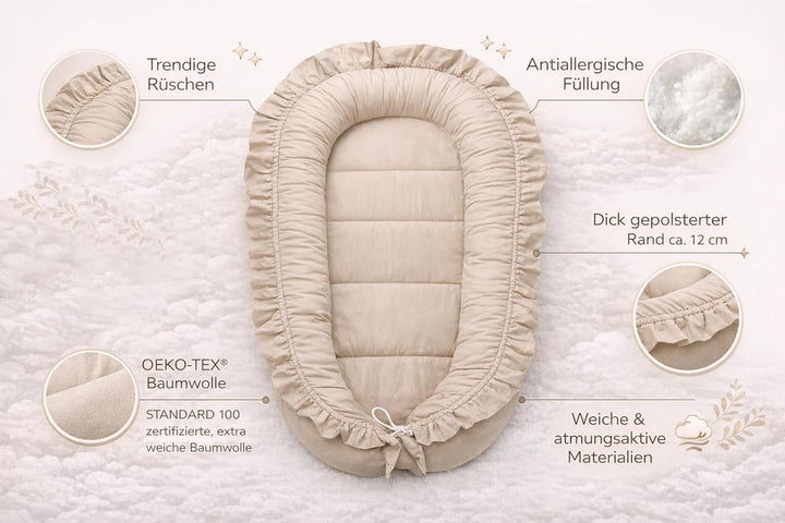 PIMKO Babynest mit rüschen Babynestchen für Baby Kuschelnest Babykokon für Säuglinge und Neugeborene