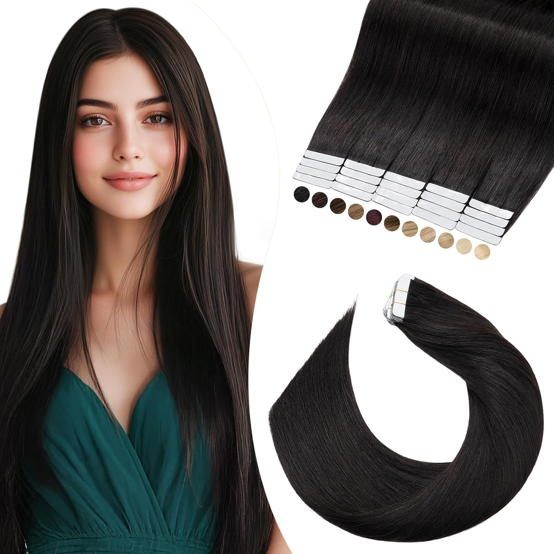 Elailite Echthaar Extensions Tape in 20 Stück #1B Naturschwarz, Real Human Hair 20g/set, 30cm Haarve