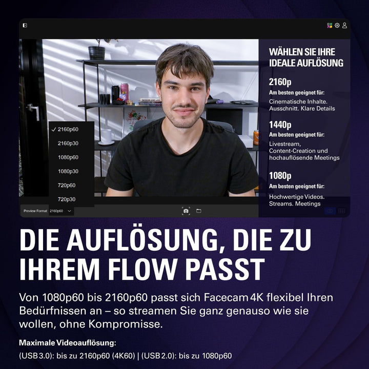 Elgato Facecam 4K - 4K60-Studio-Webcam,DSLR-vergleichbare Steuerung, cineastische Effekte, 49 mm-Obj