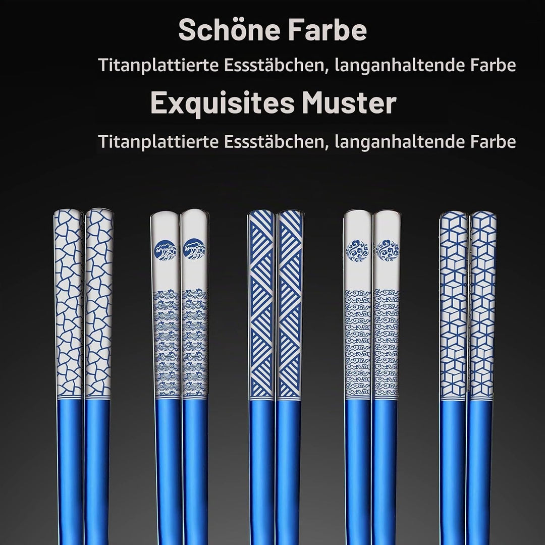 Edelstahl Essstäbchen, 18/8, Titan-Lasergravur, spülmaschinenfest, 5 Paar Geschenkset (blau), wieder