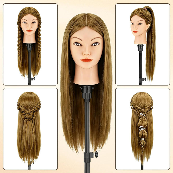 TwoWin Übungspuppe mit braunem Kopf, Echthaar, zum Flechten von Make-up, inklusive Klemmhalter, Brau