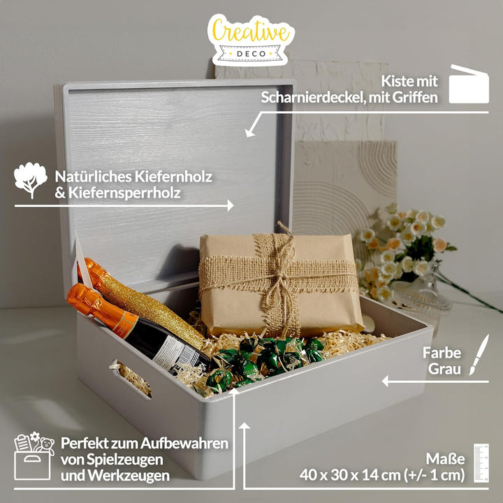 Creative Deco XL Grau Grosse Holzkiste mit Deckel Ostern | 40x30x14 cm (+/-1cm) | Erinnerungsbox Bab