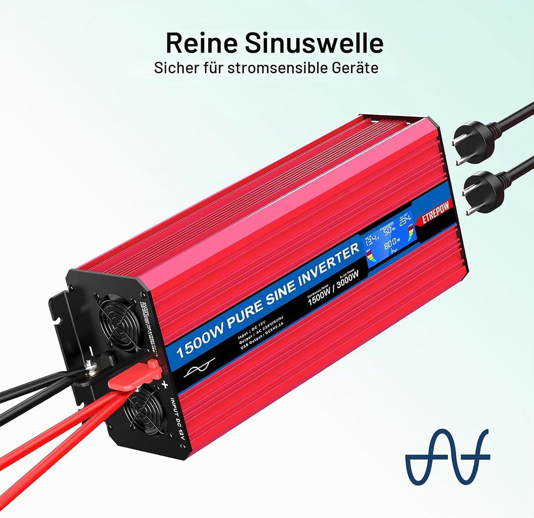 ETREPOW 1500w Wechselrichter 12v Auf 230v Reiner Sinus Spannungswandler mit 2 EU-Steckdose und Einer