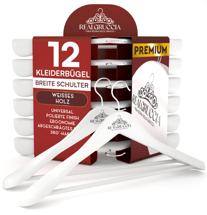 12 Kleiderbügel aus Holz Breite Schulter 24x45cm Farbe Weiss Holzbügel Hosen und Hemden - RealGrucci