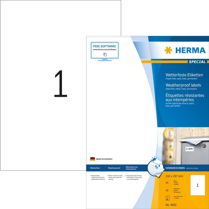 HERMA 4602 Wetterfeste Folienetiketten für Inkjet Drucker, 40 Blatt, 210 x 297 mm, 1 Stück pro A4 Bo