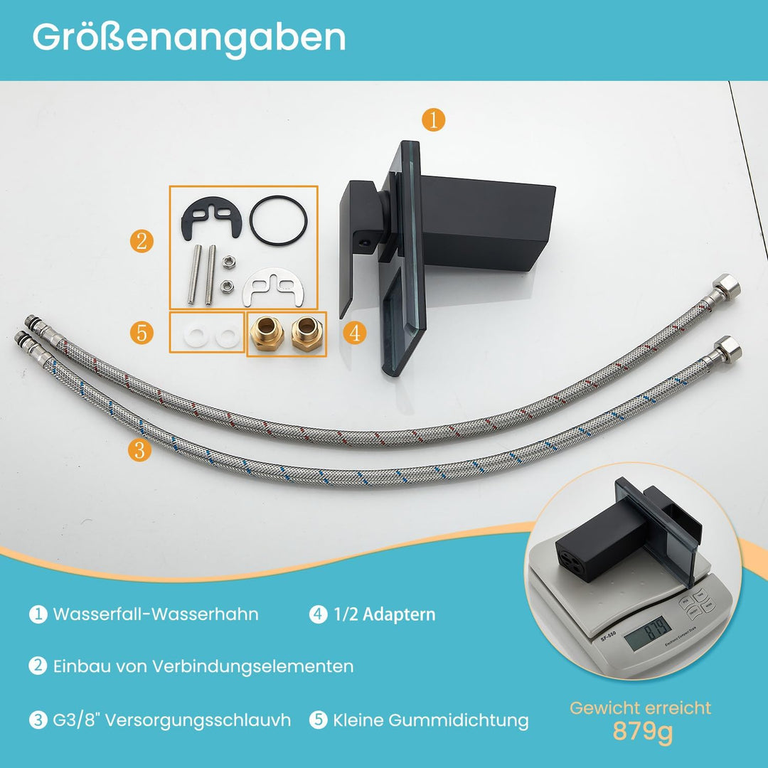 ZYNUHMO Wasserhahn Bad,Wasserfall Armatur Badezimmer Glas,Einhand-Waschtischarmatur,Schwarz, Schwarz