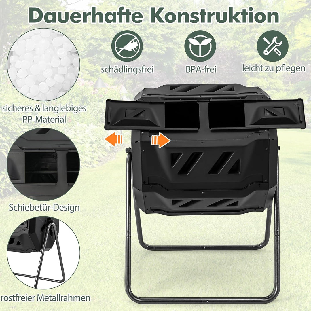 RELAX4LIFE 160L Komposter Garten, Schnellkomposter mit 2 Kammern, 16 Lüftungsschlitzen & Schiebetüre