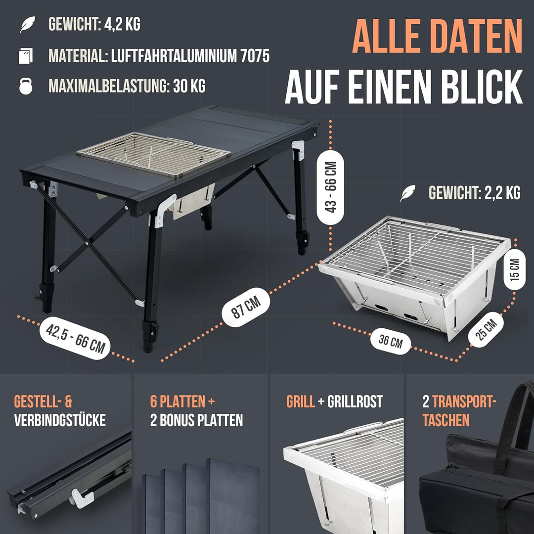 Castra Premium Campingtisch mit integriertem Grill – Aluminium 7075, höhenverstellbar, Outdoor wette