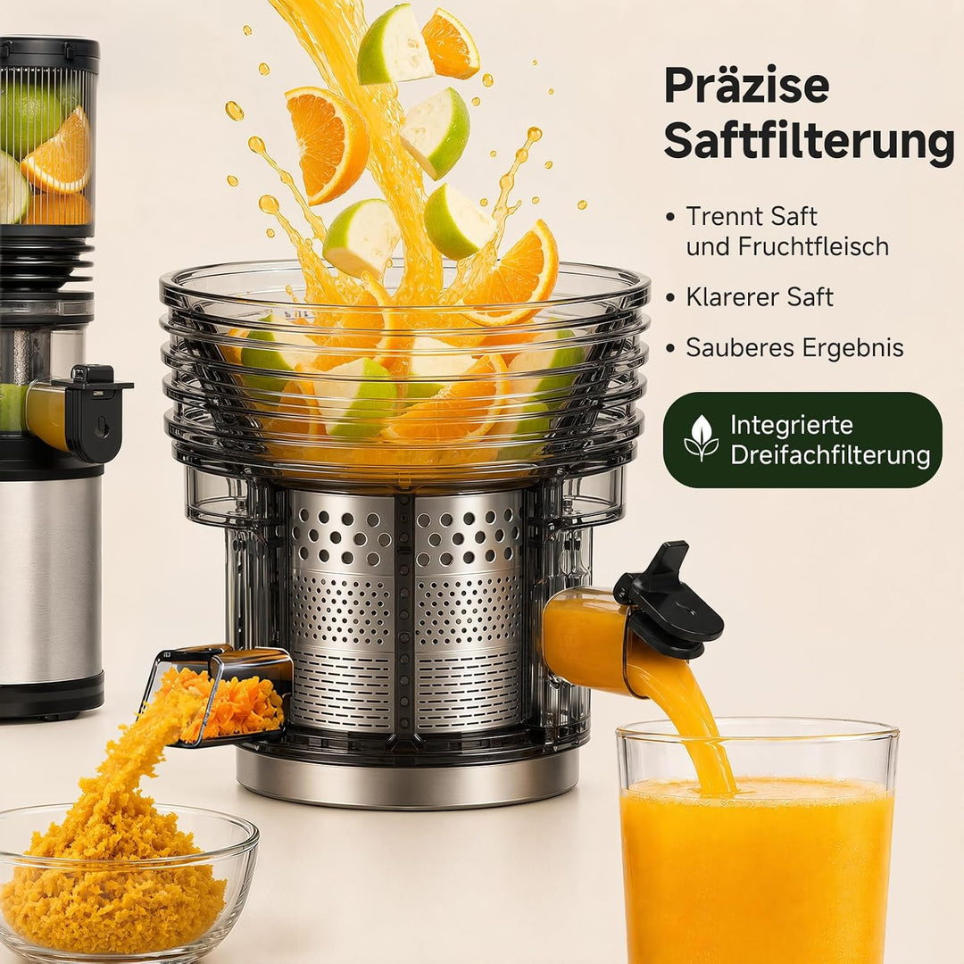 AMZCHEF Entsafter - Slow Juicer mit 158 mm grossem Einfüllschacht Extra Large Silber/Schwarz, Extra