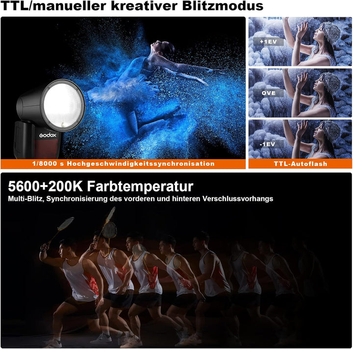 GODOX V1-S TTL Rundkopf Kamerablitz Kit,Rundblitz 2,4G 1/8000 HSS Speedlite 76W mit 2*VB26A Akku und
