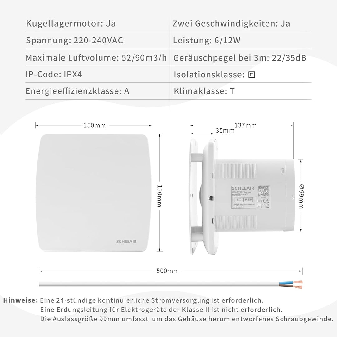Nova100 100mm Smart WiFi Badlüfter mit Luftfeuchtigkeitssensor, Bewegungsensor und Nachlaufzeit zur