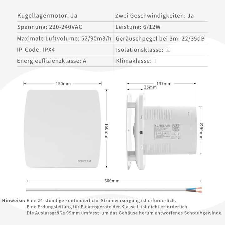 Nova100 100mm Smart WiFi Badlüfter mit Luftfeuchtigkeitssensor, Bewegungsensor und Nachlaufzeit zur