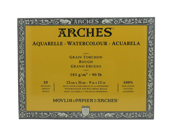 Arches 1795078 Aquarellpapier im Block (23 x 31 cm, 4-seitig geleimt, 185g/m² Grobkorn) 20 Blatt nat