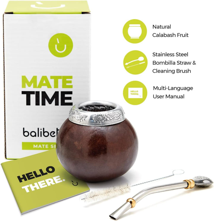 balibetov Set aus Natürlichem Kürbis Tasse für Mate Tee Handgefertigt Inkl. Strohhalm (Yerba Mate St