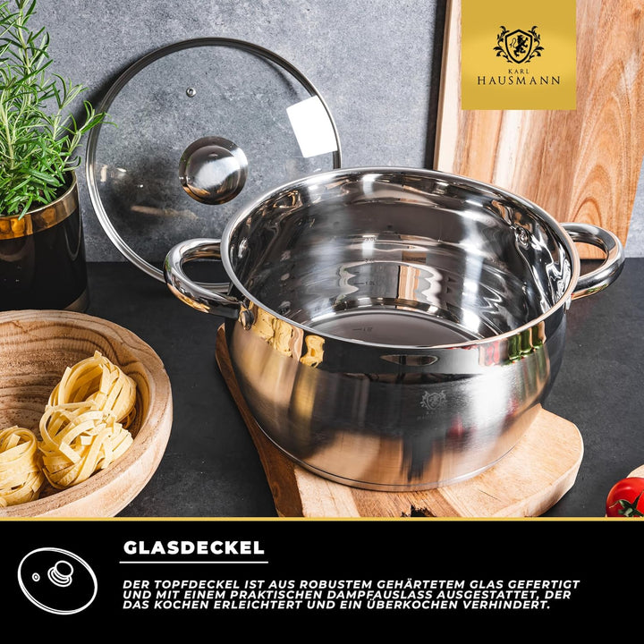 Topfset Induktion 3-teilig, Kochtopf Set mit Glasdeckel, Edelstahl mattiert, Induktions Töpfe Set un