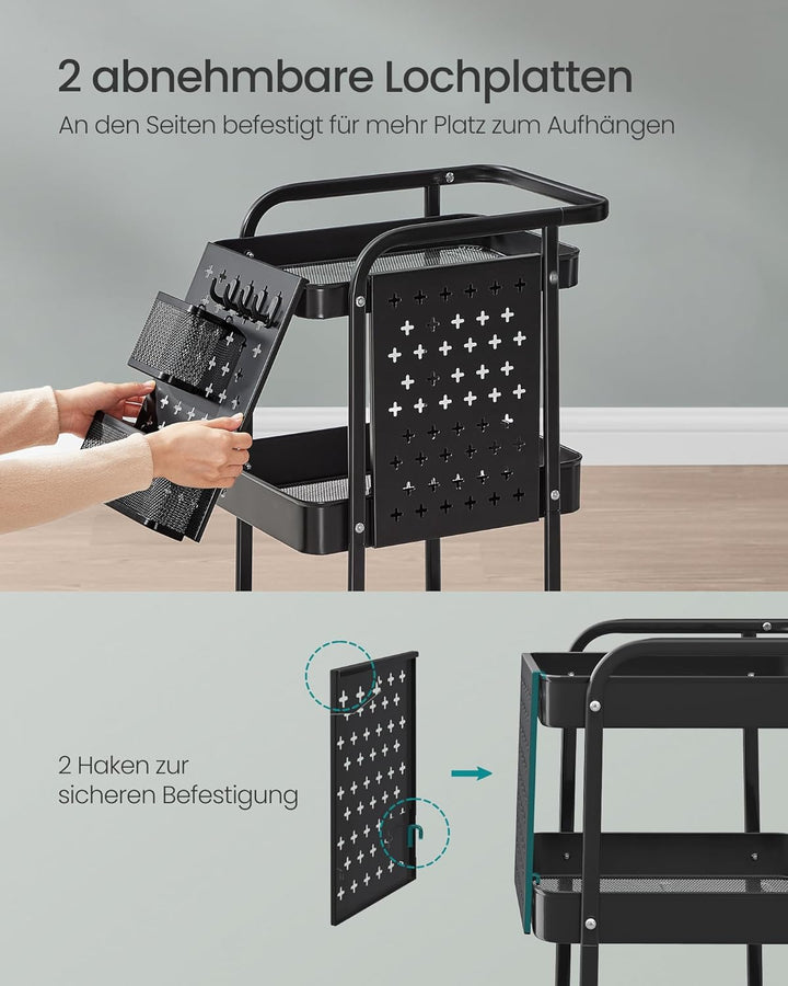SONGMICS Rollwagen, Küchenwagen, 3 Metallgitterablagen, Servierwagen, 2 abnehmbare Lochplatten, 2 Hä