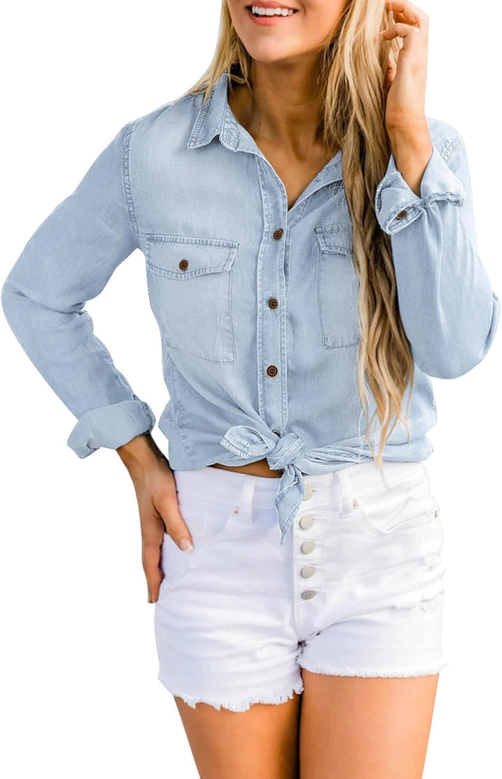 Roskiky Jeanshemd Damen Bluse Damen Western Hemden Tunika Damen Langarm Button Down Oberteile Damen